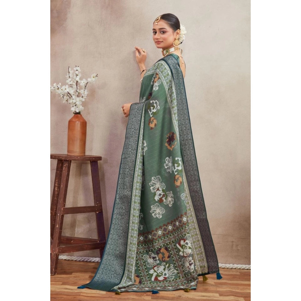 Generic Women's Crepe Silk Printed Saree With Unstitched Blouse 5.5Mtr (Green) Secondary image