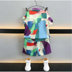 Generic Boy's Lycra Blend Printed Short Sleeve Shirt and Shorts Set (MultiColor)