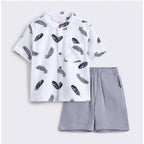 Generic Boy's Cotton Blend Printed Short Sleeve Shirt and Shorts Set (White)