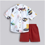 Generic Boy's Cotton Blend Printed Short Sleeve Shirt and Shorts Set (White)