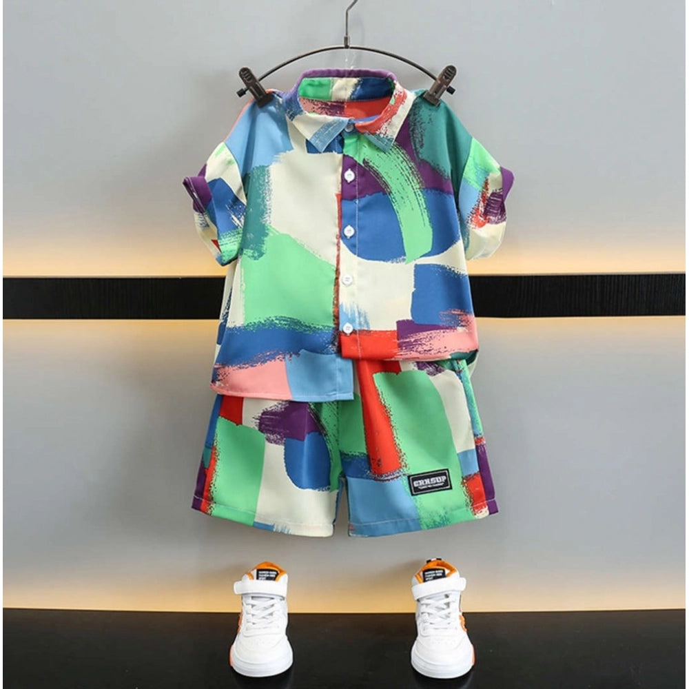 Generic Boy's Lycra Blend Printed Short Sleeve Shirt and Shorts Set (MultiColor) Secondary image
