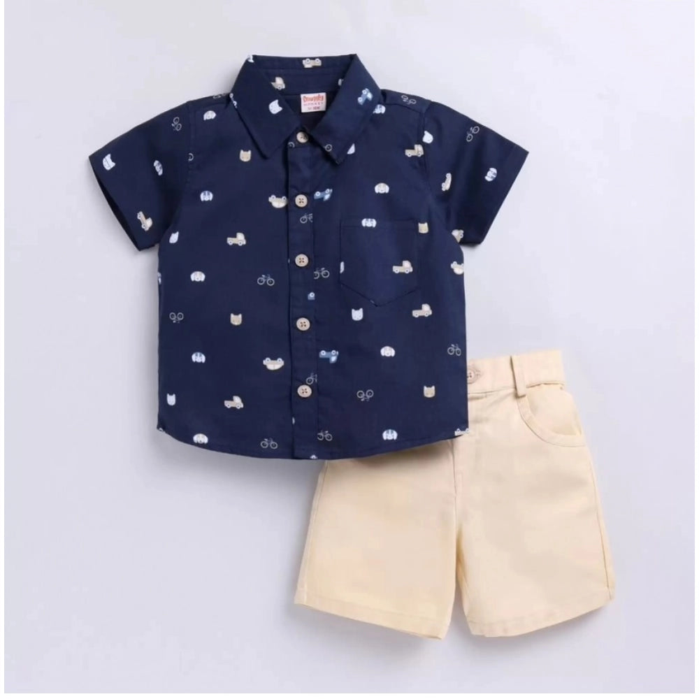 Generic Boy's Cotton Blend Printed Short Sleeve Shirt and Shorts Set (Navy Blue) Main image