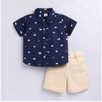 Generic Boy's Cotton Blend Printed Short Sleeve Shirt and Shorts Set (Navy Blue)