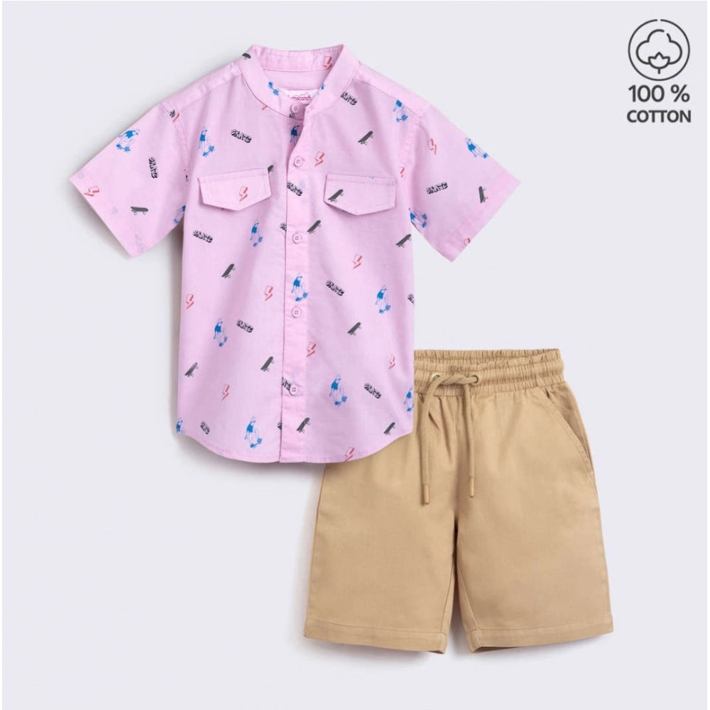 Generic Boy's Cotton Blend Printed Short Sleeve Shirt and Shorts Set (Pink)