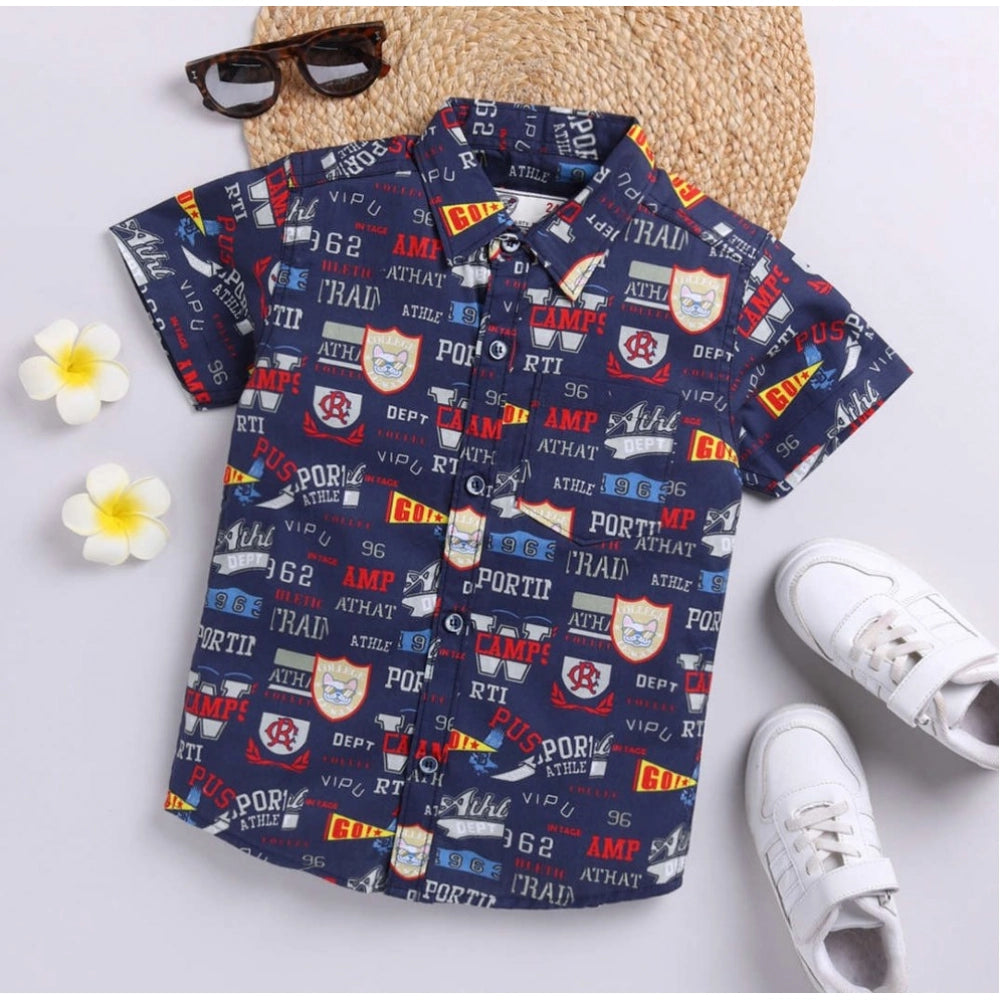Generic Boy's Cotton Blend Printed Short Sleeve Shirt (Navy Blue) Main image