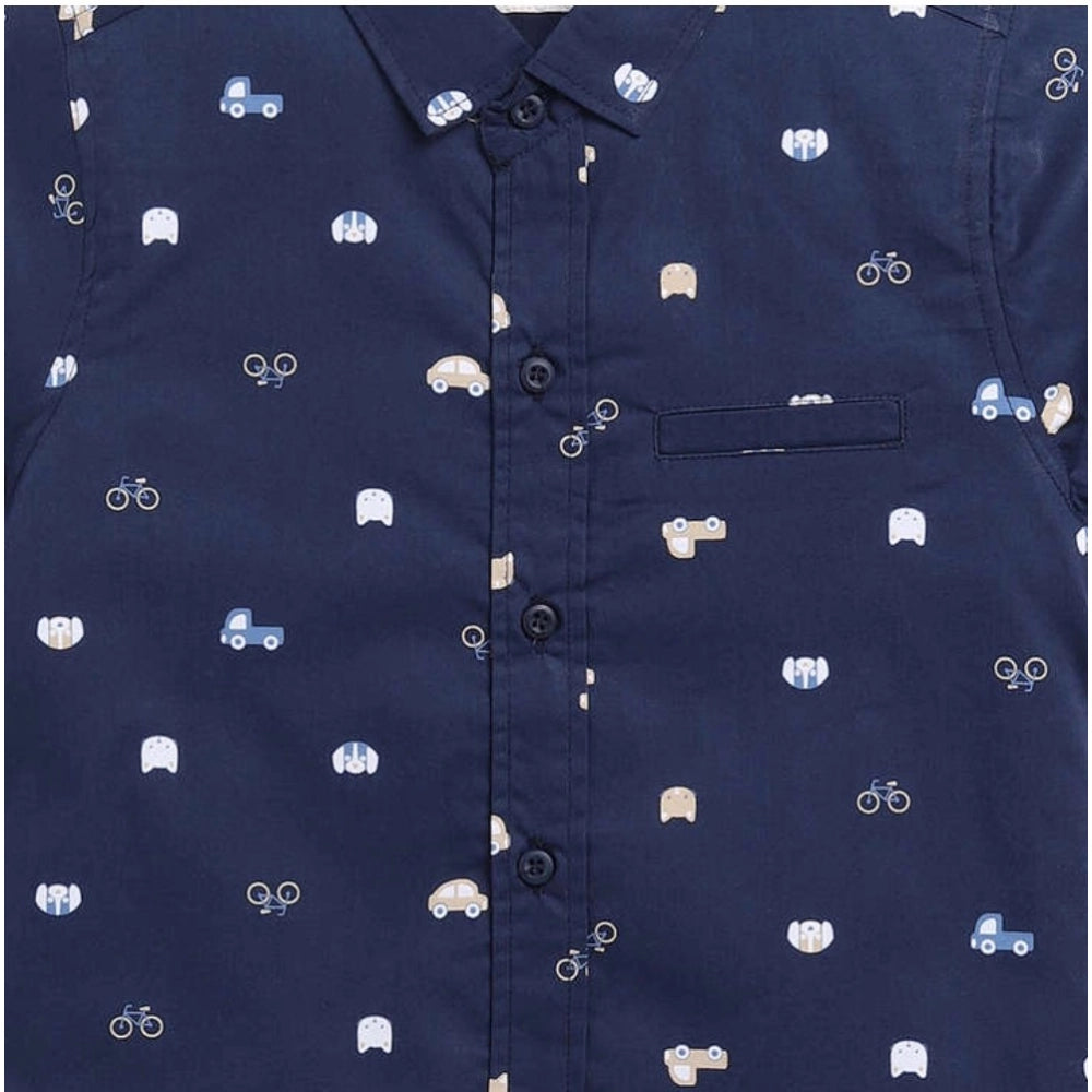 Generic Boy's Cotton Blend Printed Short Sleeve Shirt (Navy Blue)