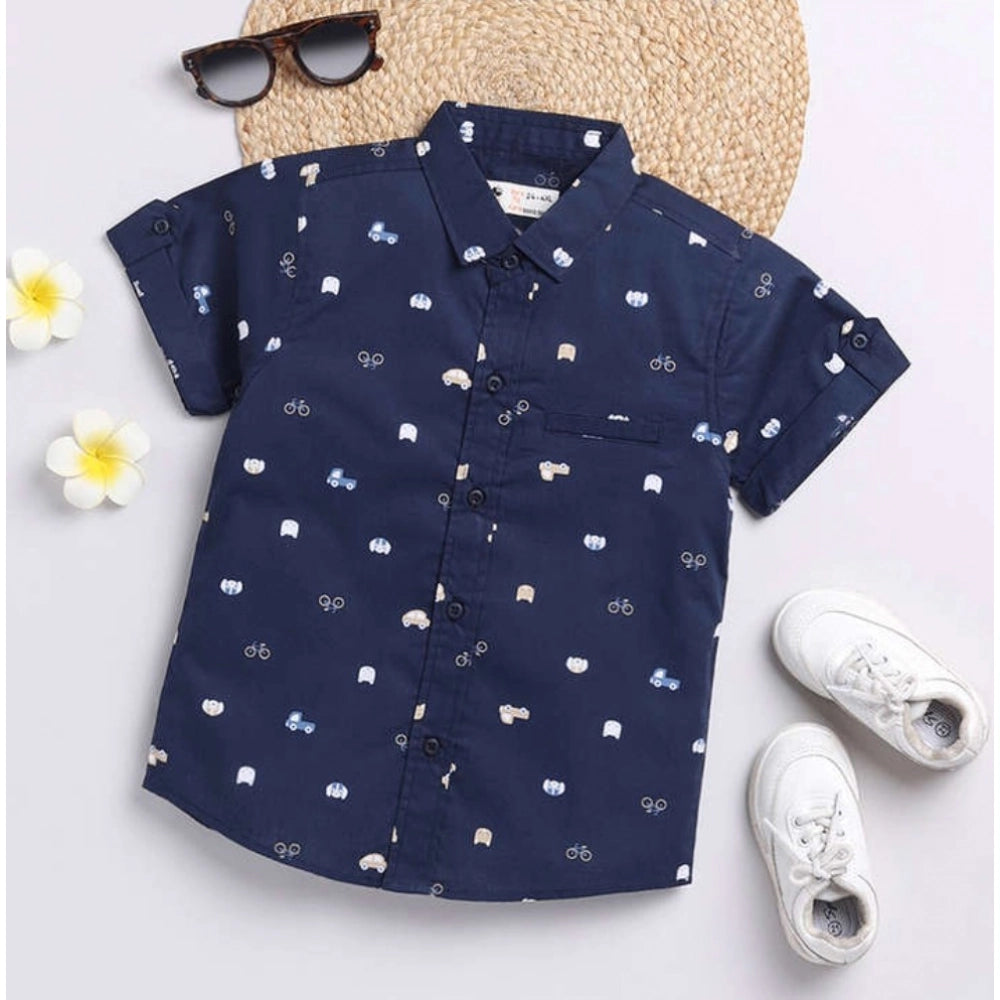 Generic Boy's Cotton Blend Printed Short Sleeve Shirt (Navy Blue) Main image
