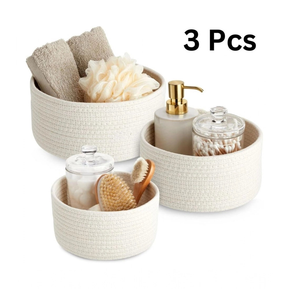 Generic Cotton Round Basket Pack of 3 Storage Basket For Clothes (White) Secondary image