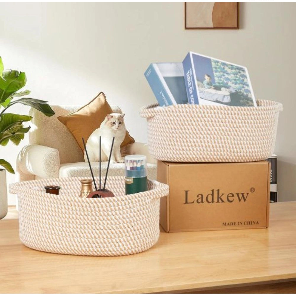Generic Cotton 2 Pcs Oval Basket Storage Basket For Clothes (Beige) Secondary image