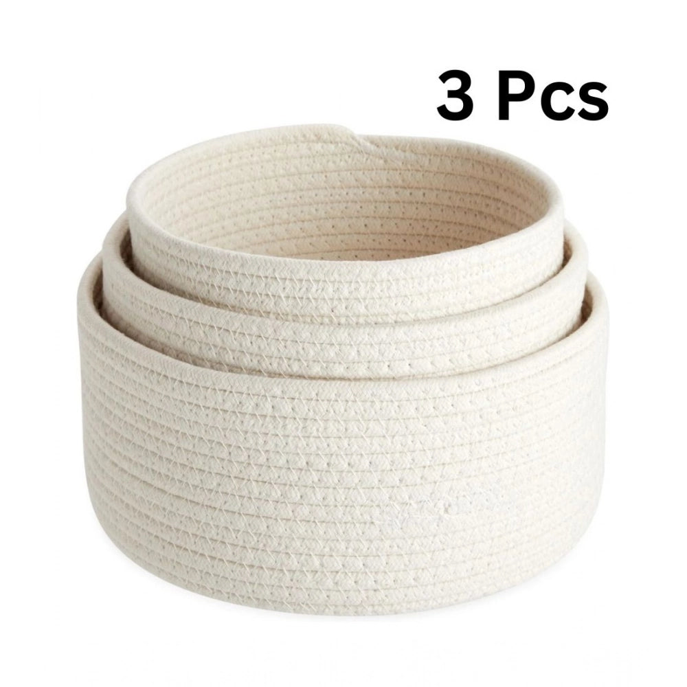 Generic Cotton Round Basket Pack of 3 Storage Basket For Clothes (White) Main image