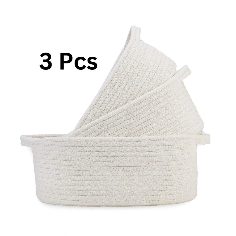 Generic Cotton Oval Basket Pack of 3 Storage Basket For Clothes (White) Main image