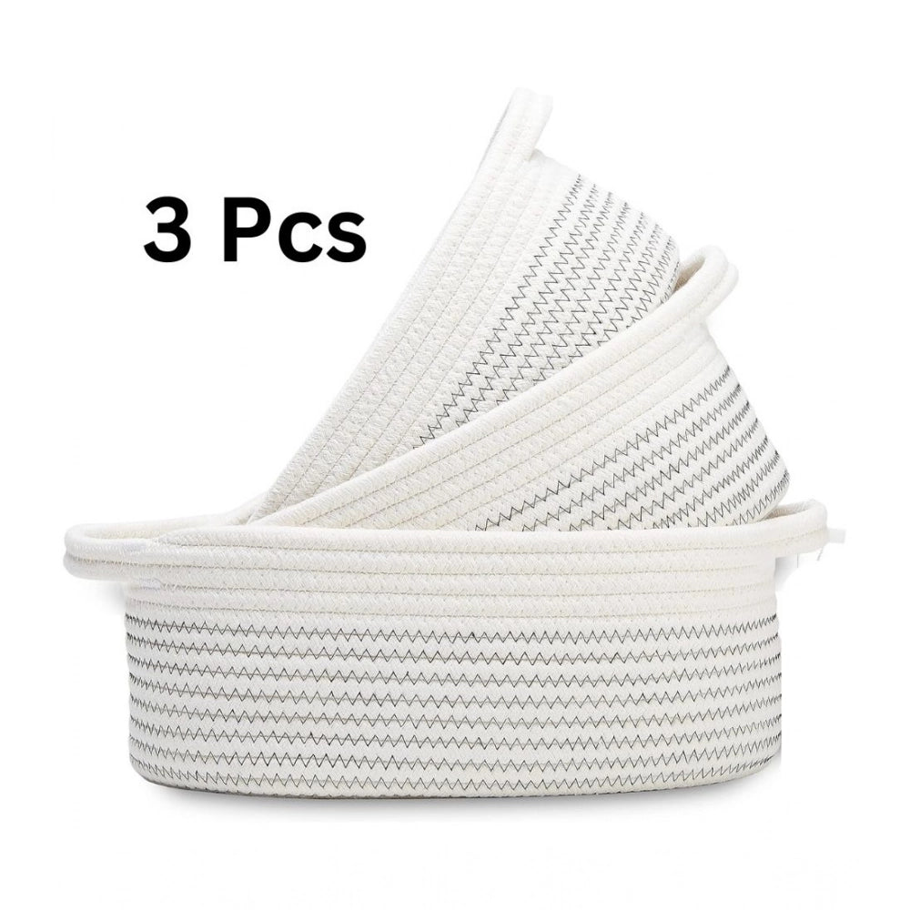 Generic Cotton Zigzag Oval Basket Pack of 3 Storage Basket For Clothes (White) Main image