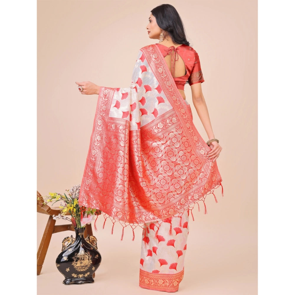 Generic Women's Linen Cotton Printed Saree With Unstitched Blouse 5.5Mtr (Red) Secondary image