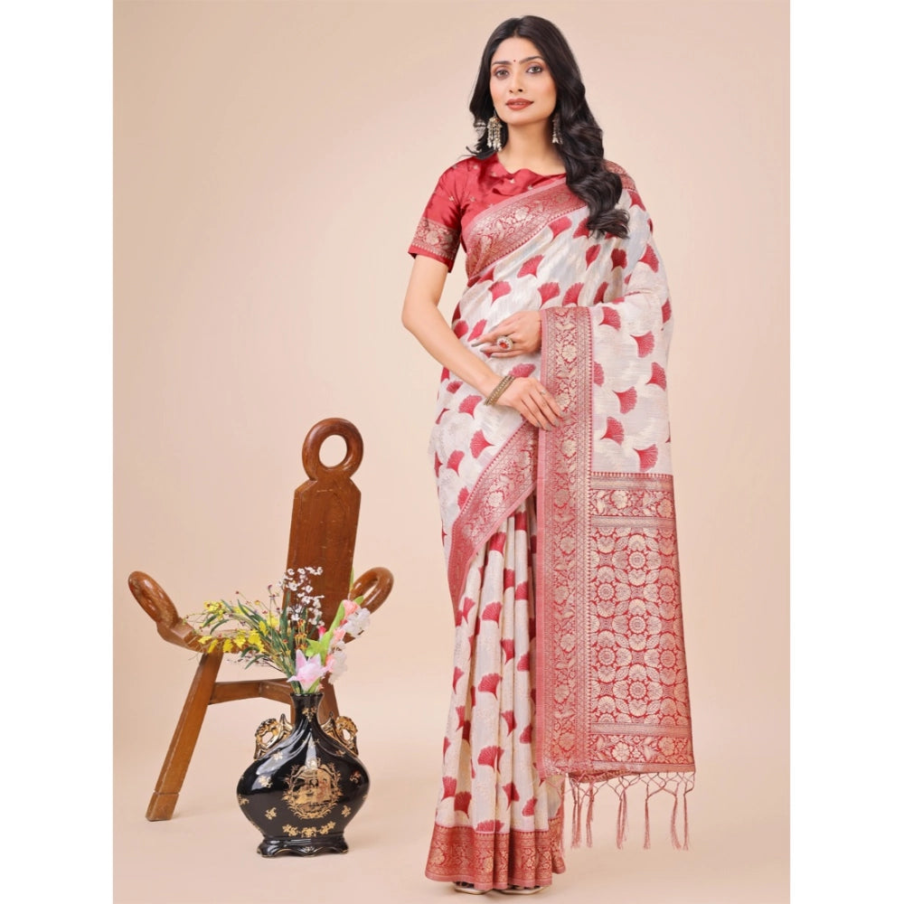 Generic Women's Linen Cotton Printed Saree With Unstitched Blouse 5.5Mtr (Red) Main image