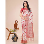 Generic Women's Linen Cotton Printed Saree With Unstitched Blouse 5.5Mtr (Red)