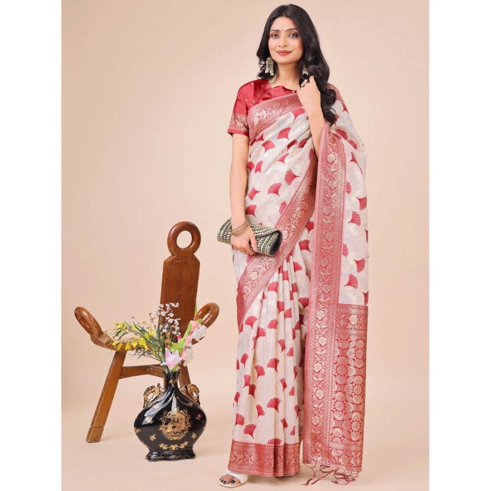 Generic Women's Linen Cotton Printed Saree With Unstitched Blouse 5.5Mtr (Maroon) Main image