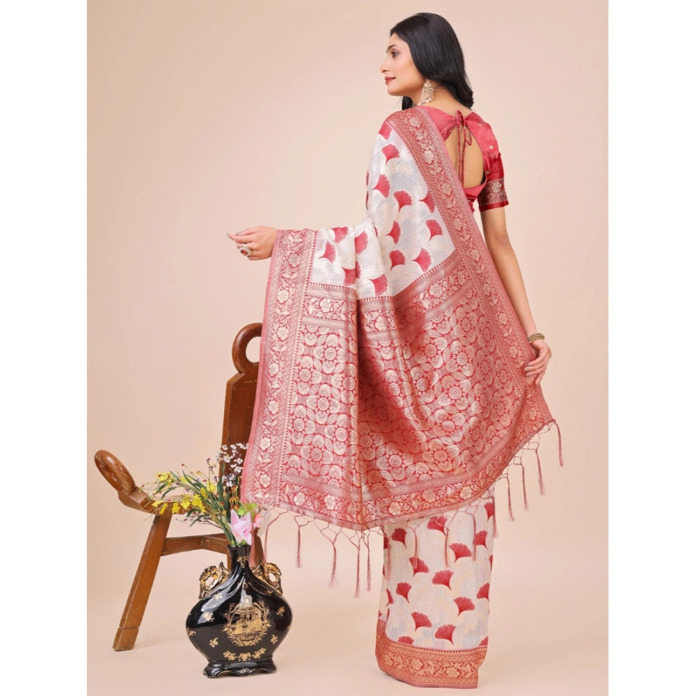 Generic Women's Linen Cotton Printed Saree With Unstitched Blouse 5.5Mtr (Maroon) Secondary image