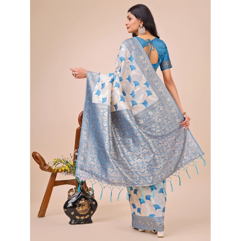 Generic Women's Linen Cotton Printed Saree With Unstitched Blouse 5.5Mtr (Sky Blue) Secondary image