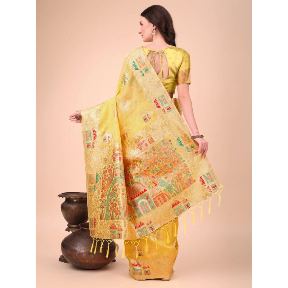 Generic Women's Linen Cotton Printed Saree With Unstitched Blouse 5.5Mtr (Yellow) Secondary image