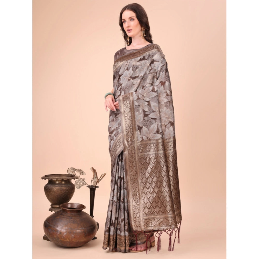 Generic Women's Cotton Printed Saree With Unstitched Blouse 5.5Mtr (Brown) Main image