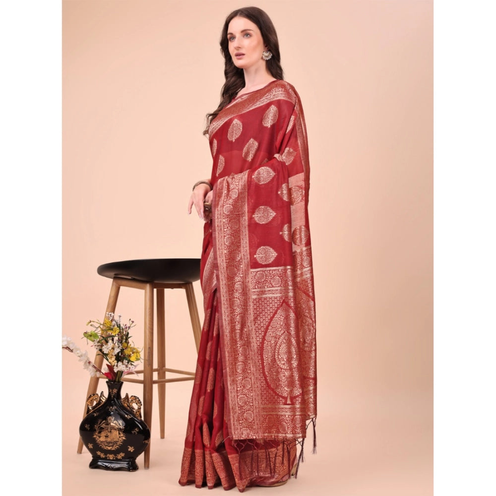 Generic Women's Cotton Printed Saree With Unstitched Blouse 5.5Mtr (Maroon) Main image