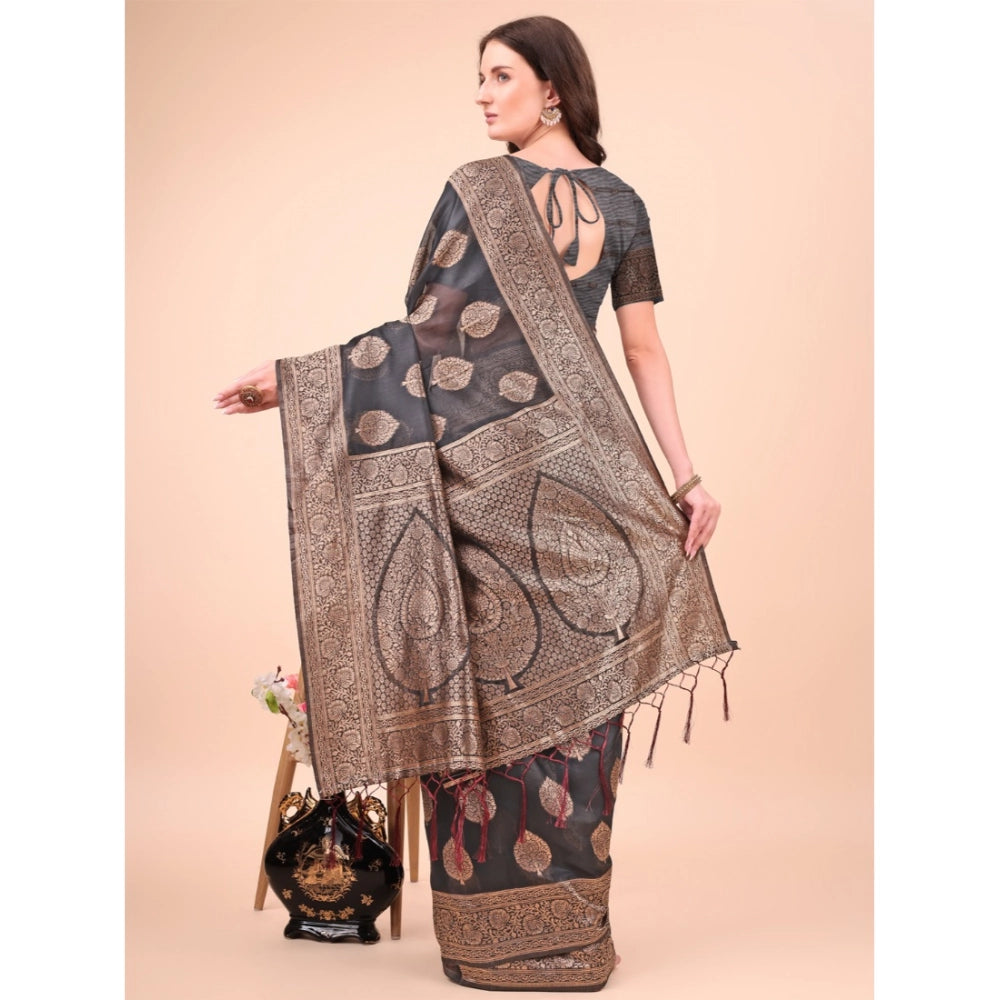 Generic Women's Cotton Printed Saree With Unstitched Blouse 5.5Mtr (Black) Secondary image