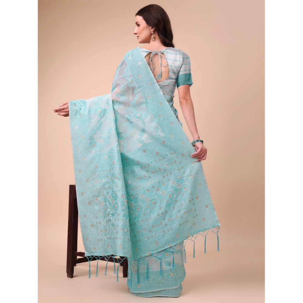 Generic Women's Cotton Printed Saree With Unstitched Blouse 5.5Mtr (Sky Blue) Secondary image