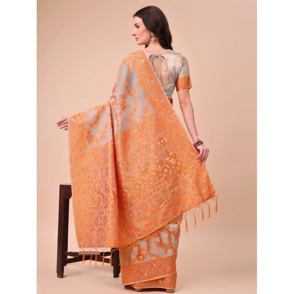Generic Women's Cotton Printed Saree With Unstitched Blouse 5.5Mtr (Orange) Secondary image