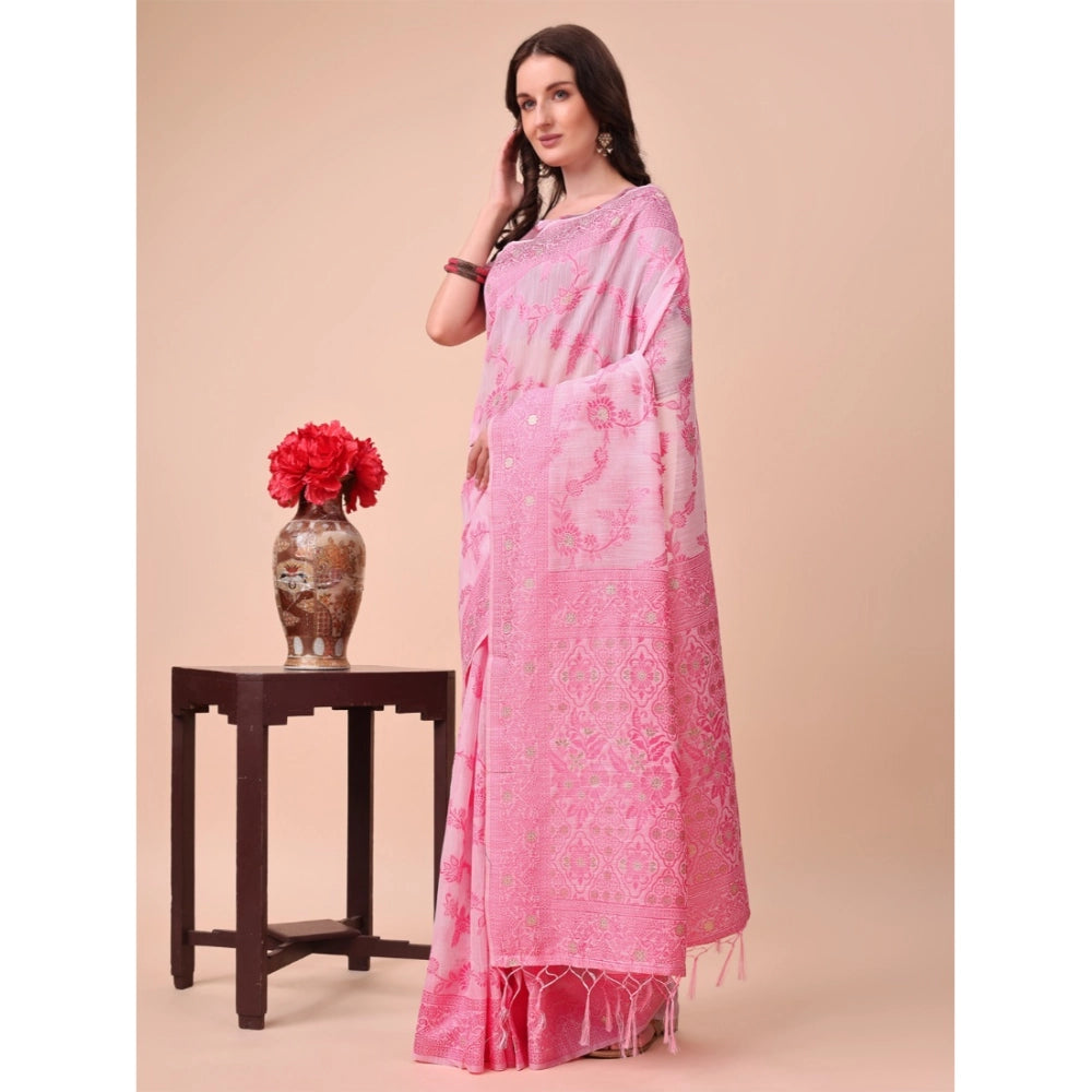Generic Women's Cotton Printed Saree With Unstitched Blouse 5.5Mtr (Pink) Main image