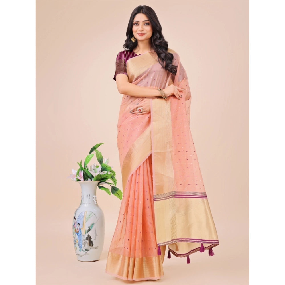 Generic Women's Organza Printed Saree With Unstitched Blouse 5.5Mtr (Light Pink) Main image