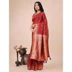 Generic Women's Linen Cotton Printed Saree With Unstitched Blouse 5.5Mtr (Red)