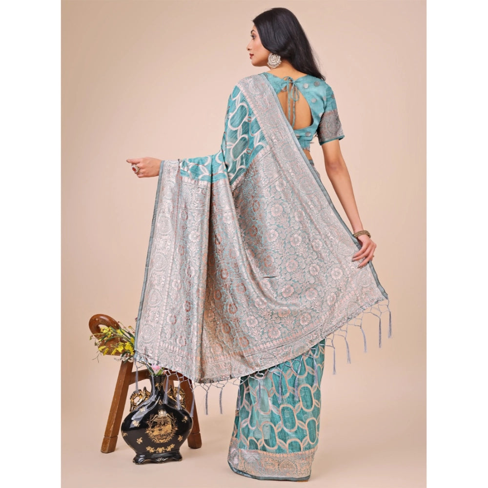 Generic Women's Linen Cotton Printed Saree With Unstitched Blouse 5.5Mtr (Teal) Secondary image