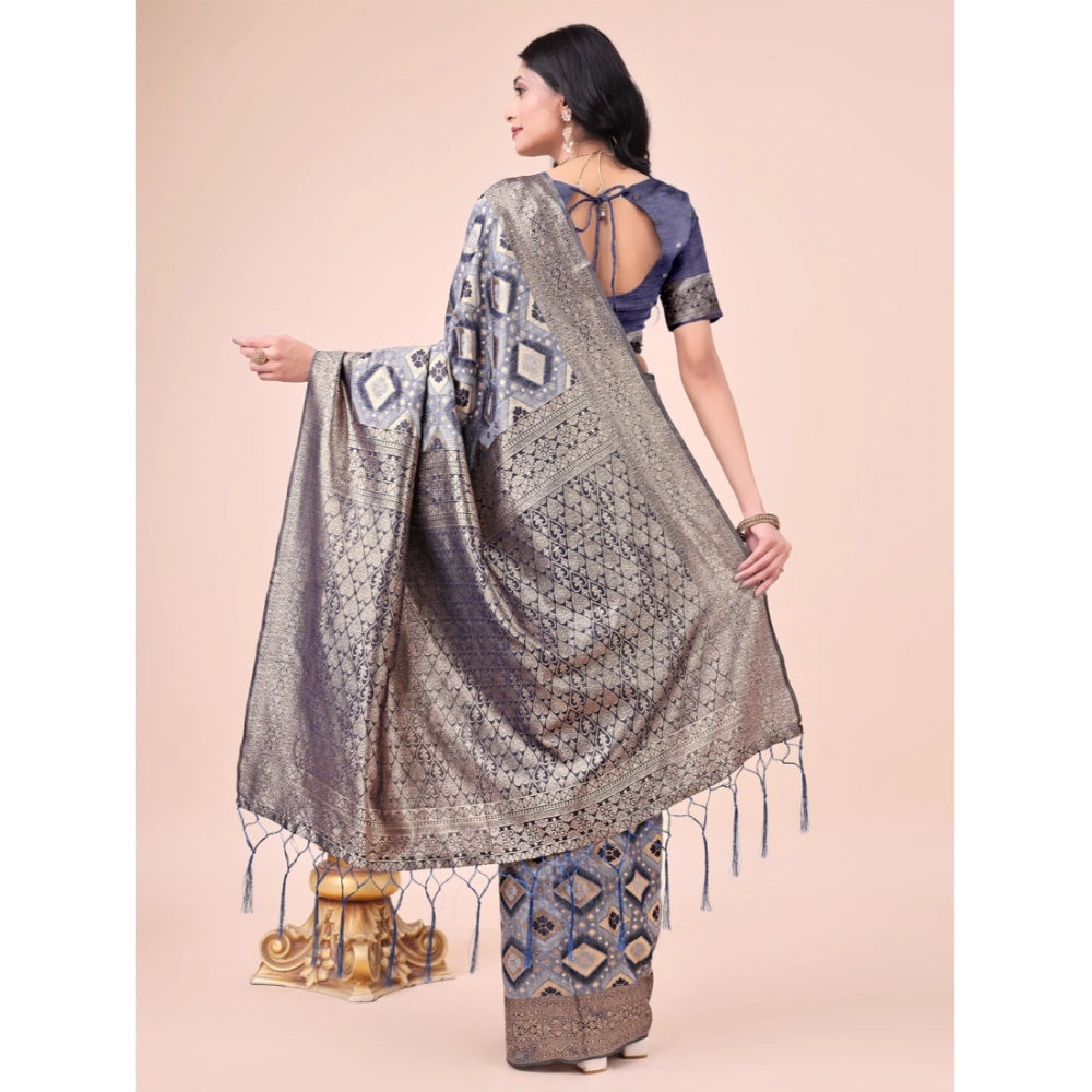Generic Women's Cotton Printed Saree With Unstitched Blouse 5.5Mtr (Navy Blue) Secondary image