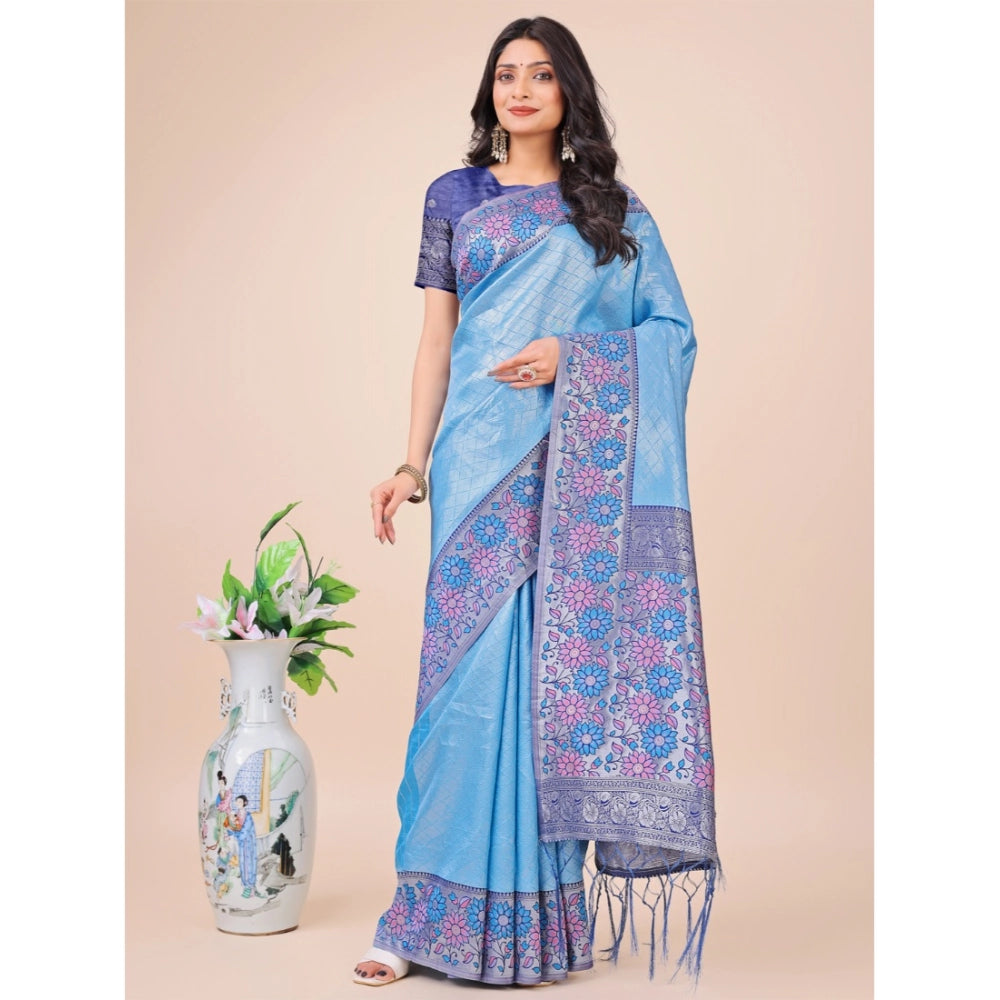 Generic Women's Lichi Silk Printed Saree With Unstitched Blouse 5.5Mtr (Sky Blue) Main image