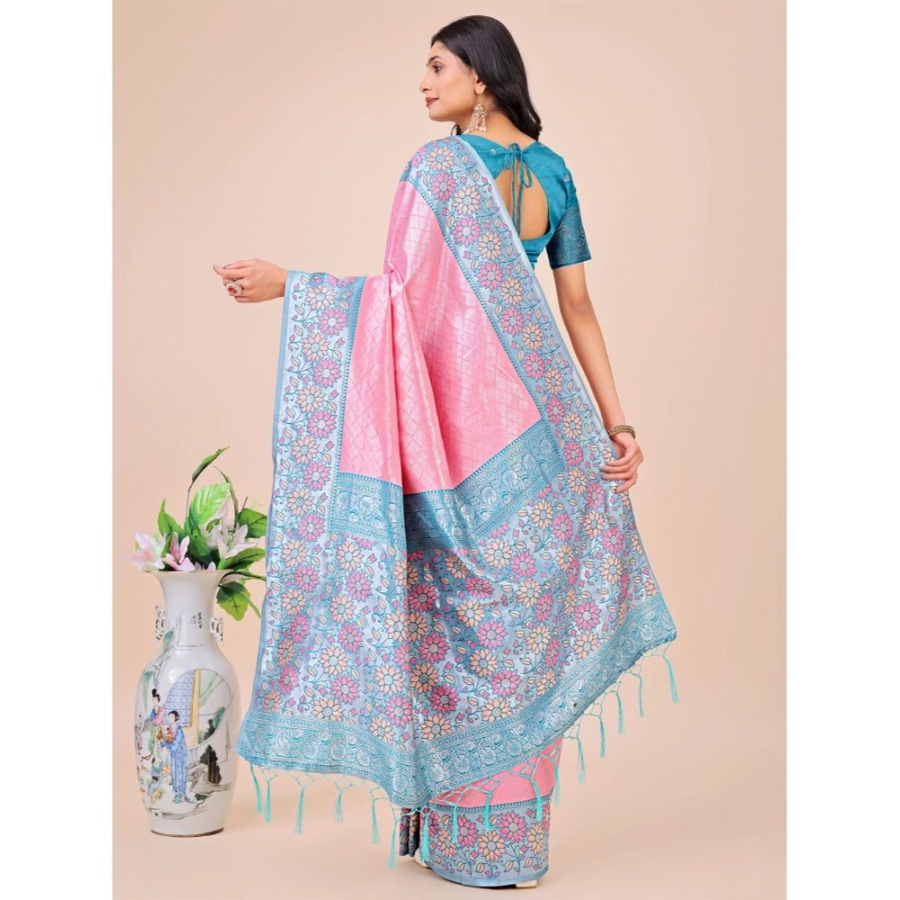 Generic Women's Lichi Silk Printed Saree With Unstitched Blouse 5.5Mtr (Pink) Secondary image