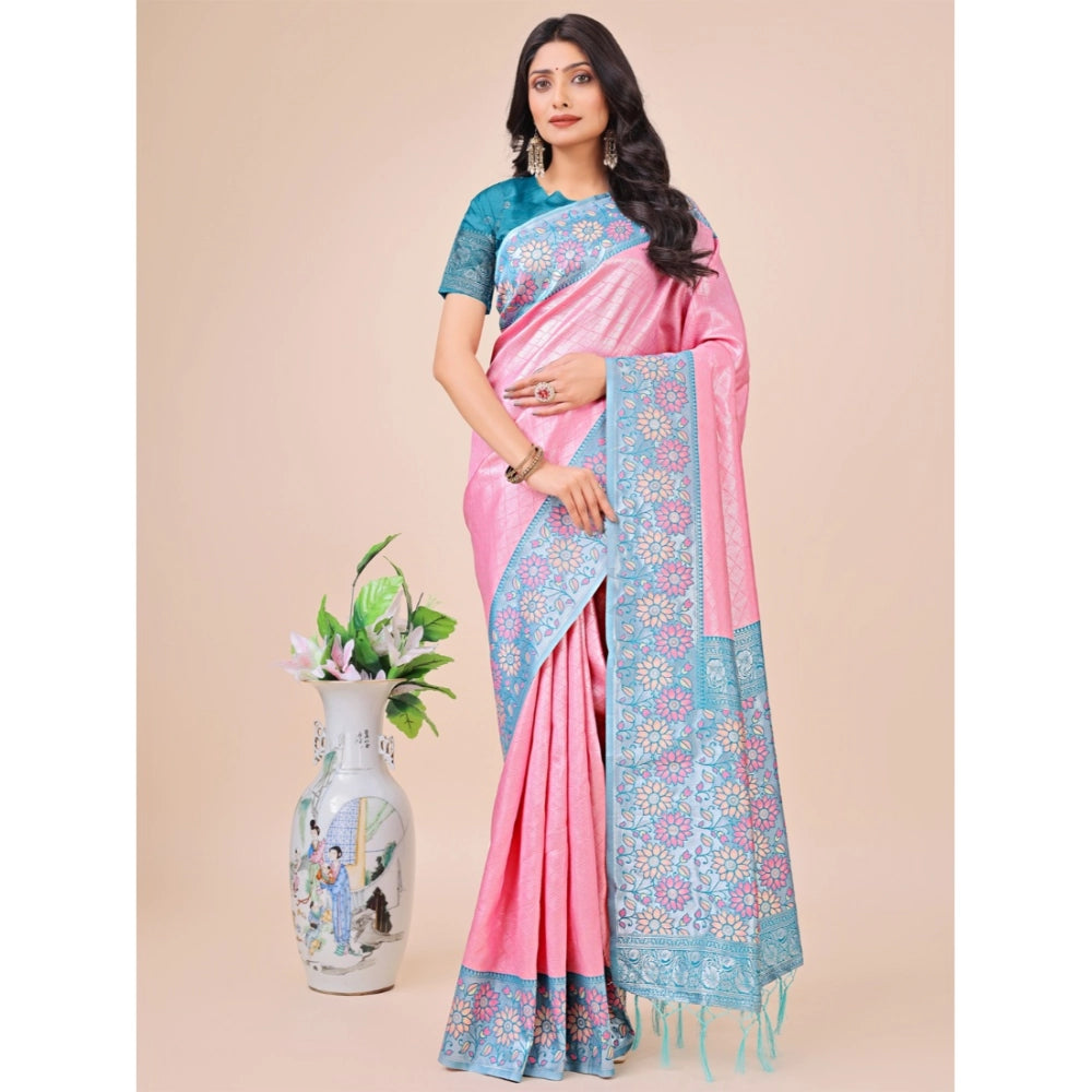 Generic Women's Lichi Silk Printed Saree With Unstitched Blouse 5.5Mtr (Pink) Main image