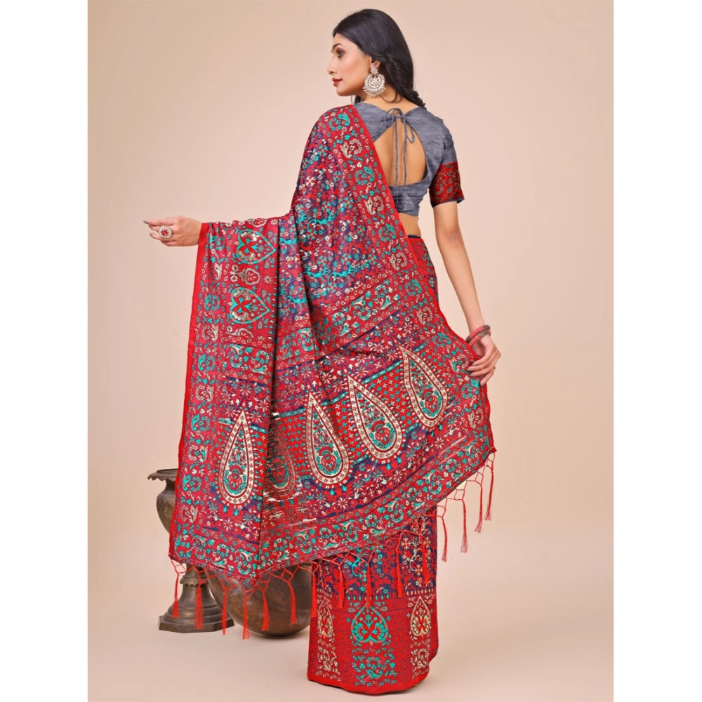 Generic Women's Cotton Printed Saree With Unstitched Blouse 5.5Mtr (Red) Secondary image