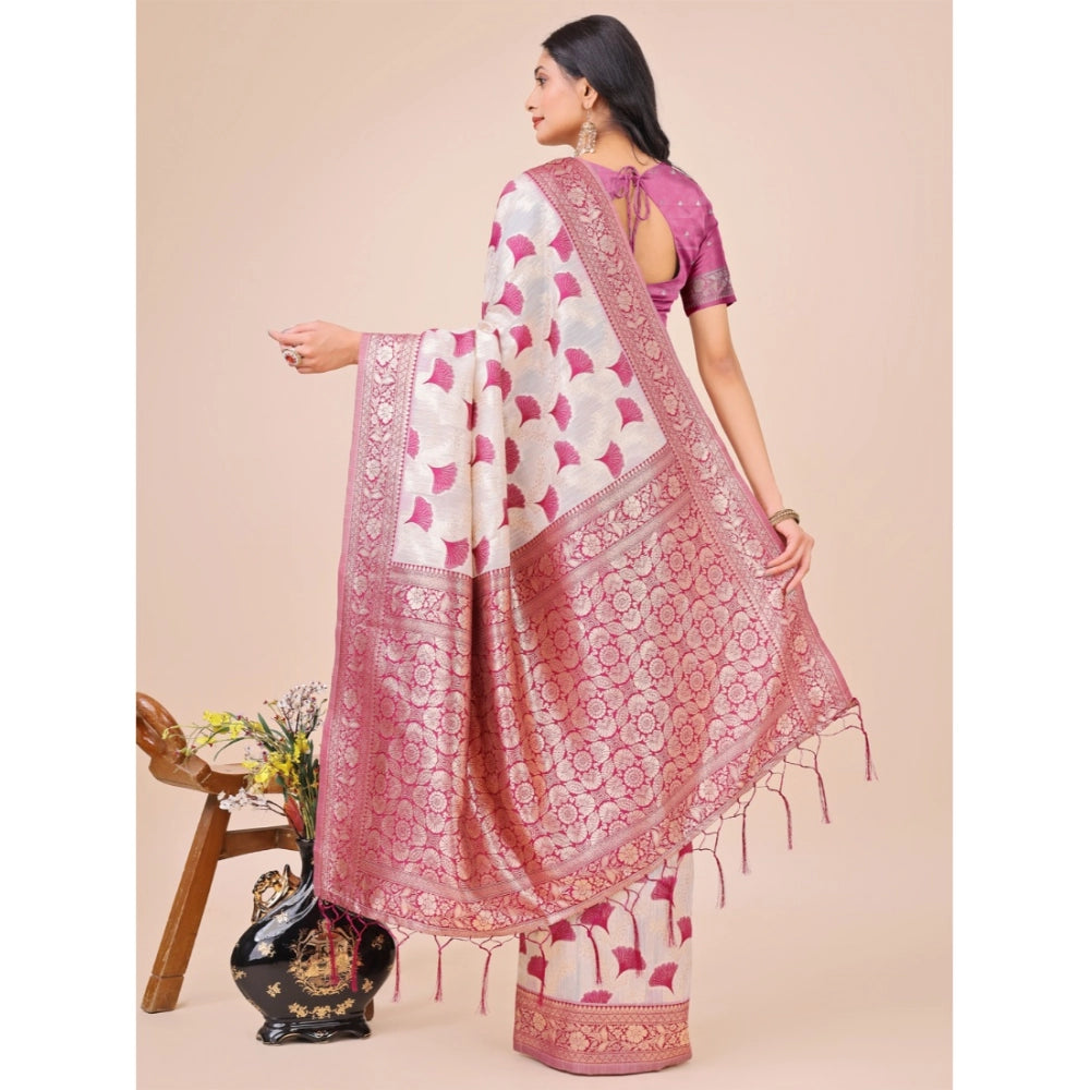 Generic Women's Linen Cotton Printed Saree With Unstitched Blouse 5.5Mtr (Magenta) Secondary image