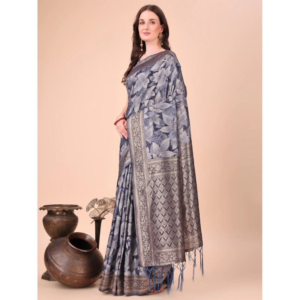 Generic Women's Cotton Printed Saree With Unstitched Blouse 5.5Mtr (Navy Blue) Main image