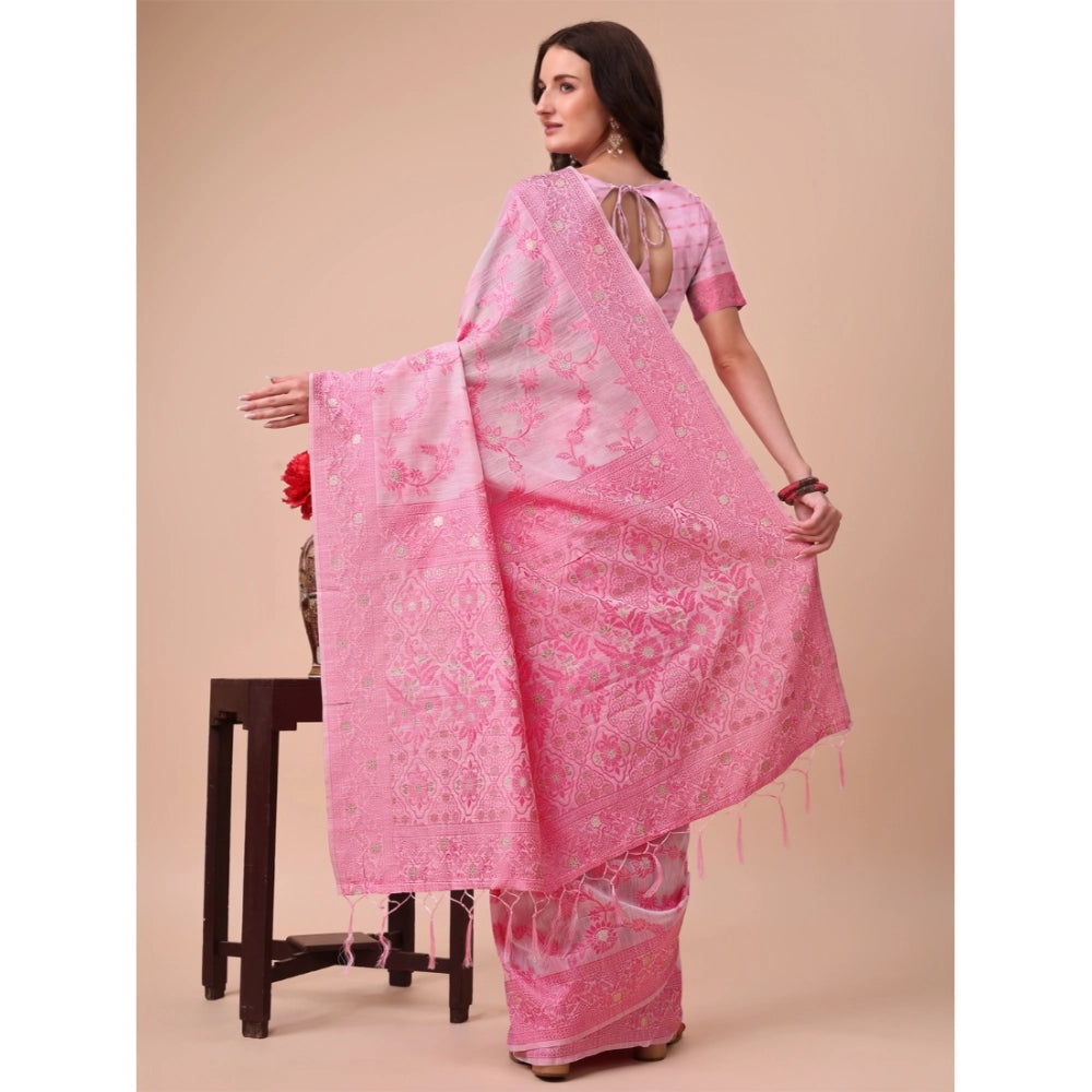 Generic Women's Cotton Printed Saree With Unstitched Blouse 5.5Mtr (Pink) Secondary image