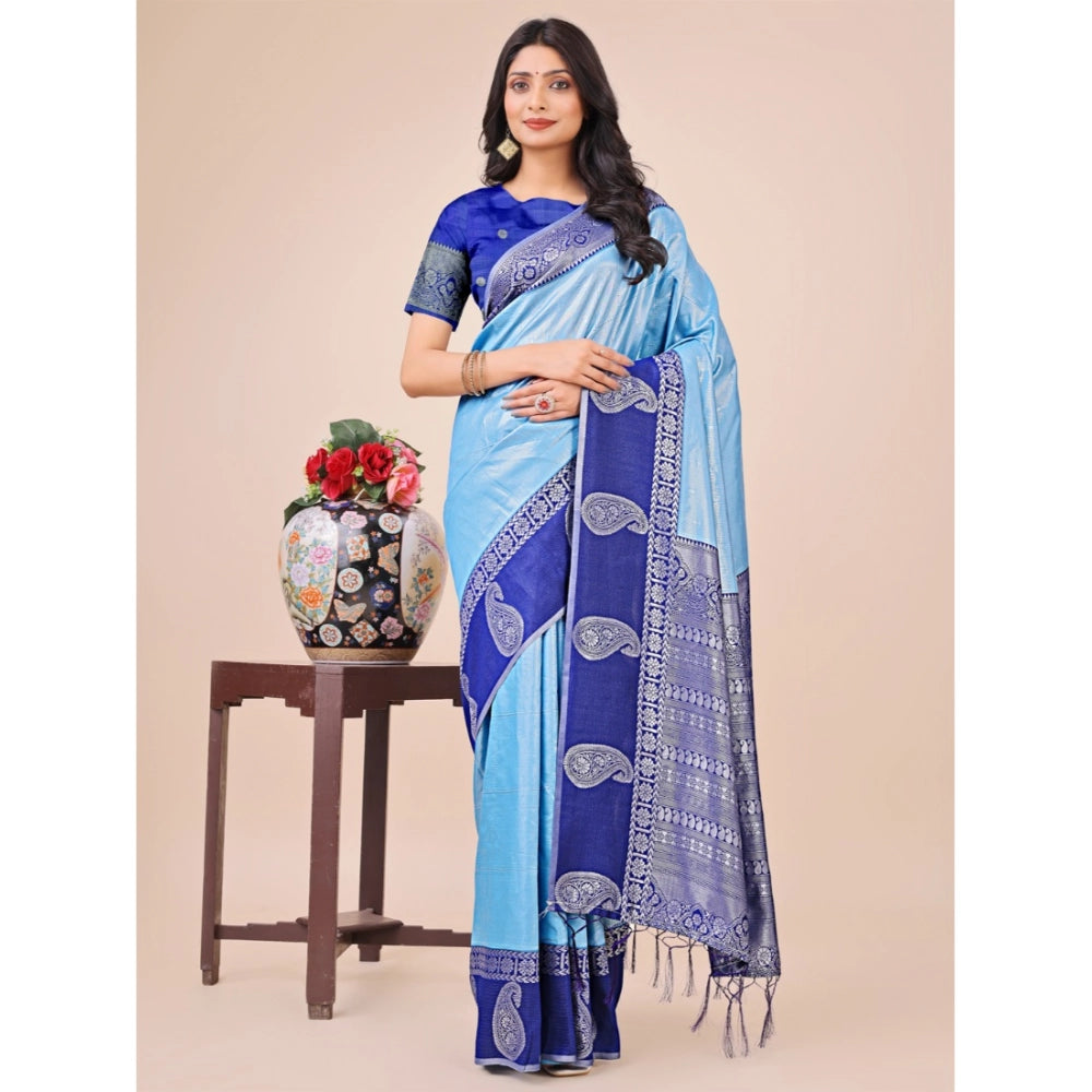 Generic Women's Lichi Silk Printed Saree With Unstitched Blouse 5.5Mtr (Sky Blue) Main image