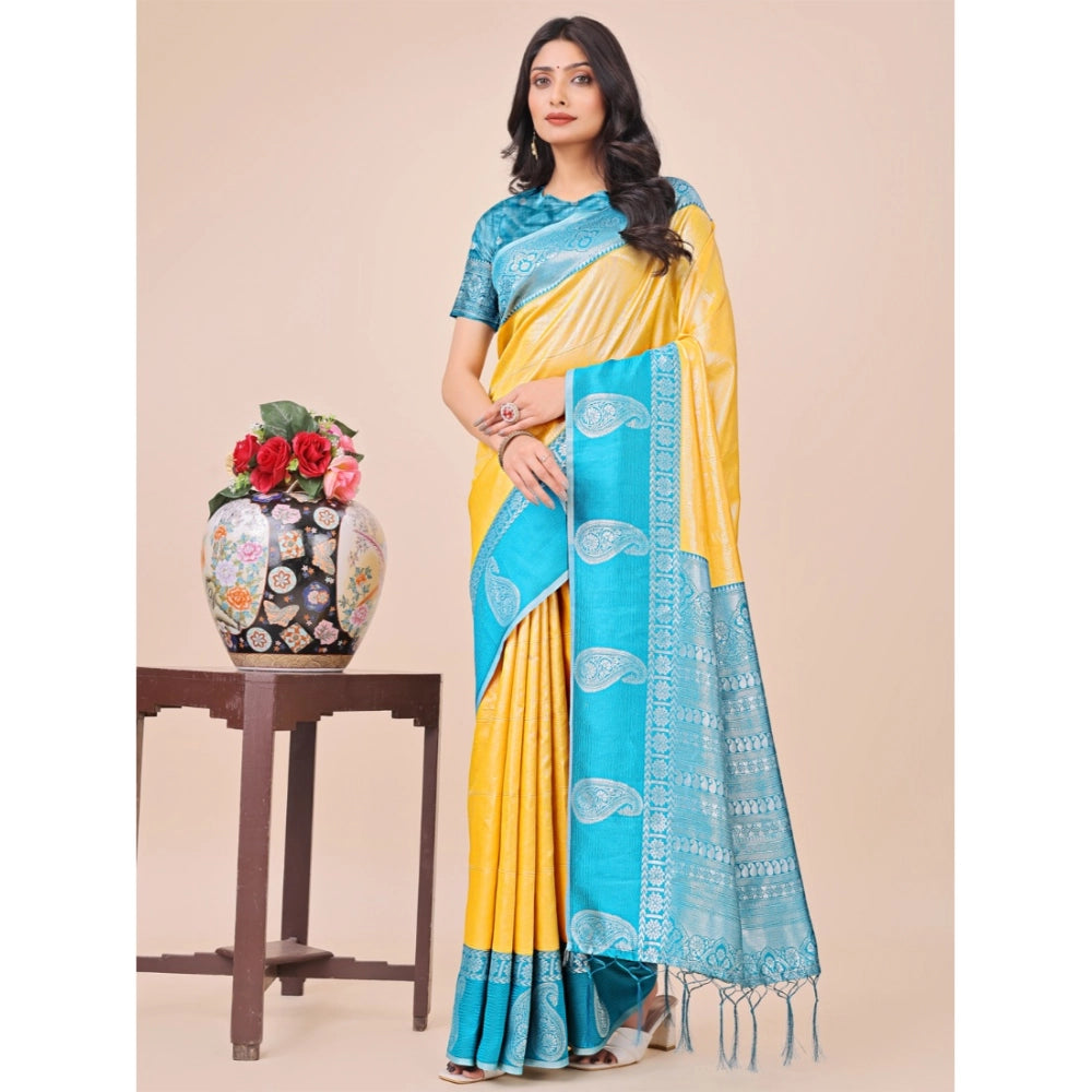 Generic Women's Lichi Silk Printed Saree With Unstitched Blouse 5.5Mtr (Yellow) Main image