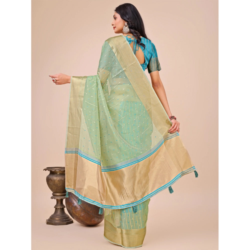 Generic Women's Organza Printed Saree With Unstitched Blouse 5.5Mtr (Green) Secondary image
