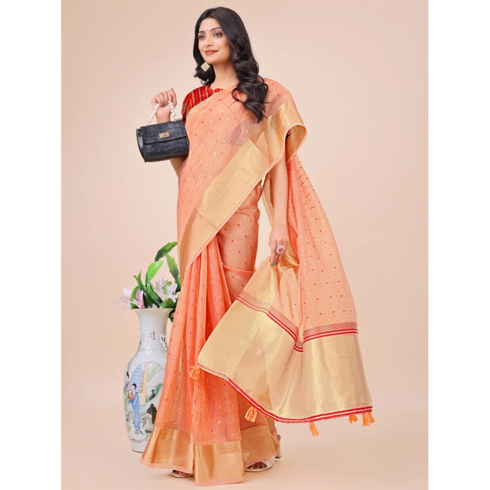 Generic Women's Organza Printed Saree With Unstitched Blouse 5.5Mtr (Peach) Secondary image