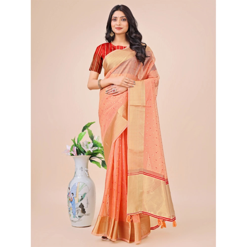 Generic Women's Organza Printed Saree With Unstitched Blouse 5.5Mtr (Peach) Main image