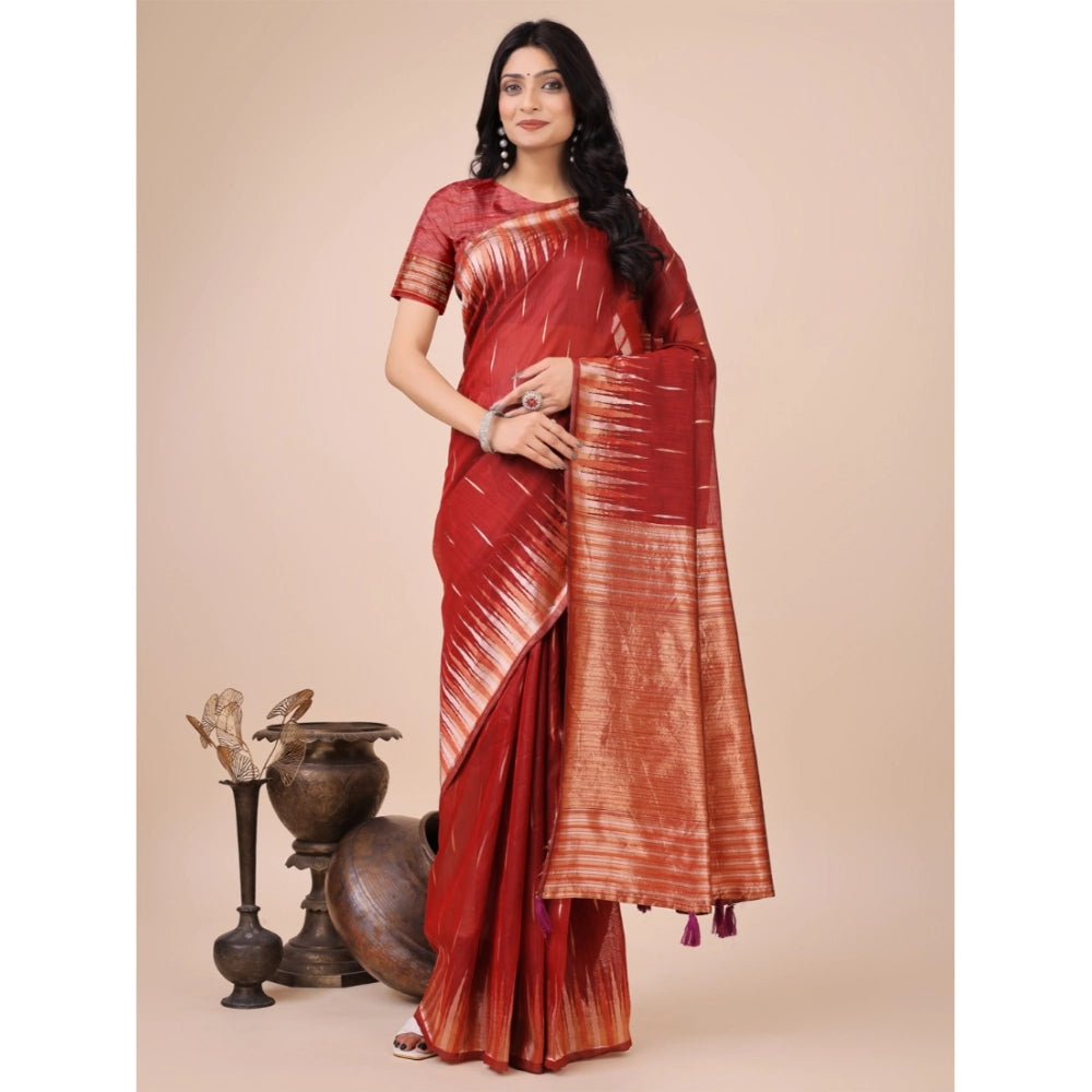 Generic Women's Linen Cotton Printed Saree With Unstitched Blouse 5.5Mtr (Red) Main image
