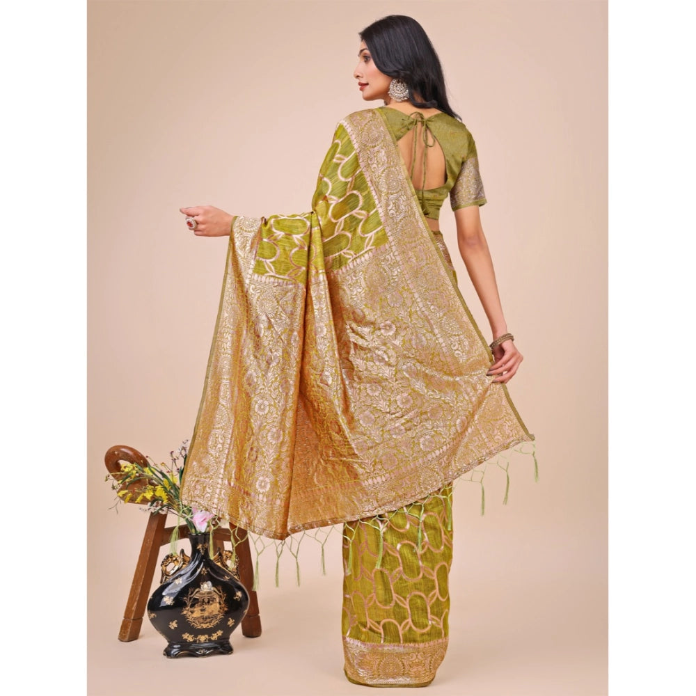 Generic Women's Linen Cotton Printed Saree With Unstitched Blouse 5.5Mtr (Olive Green) Secondary image