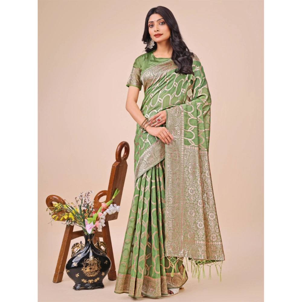 Generic Women's Linen Cotton Printed Saree With Unstitched Blouse 5.5Mtr (Green) Main image