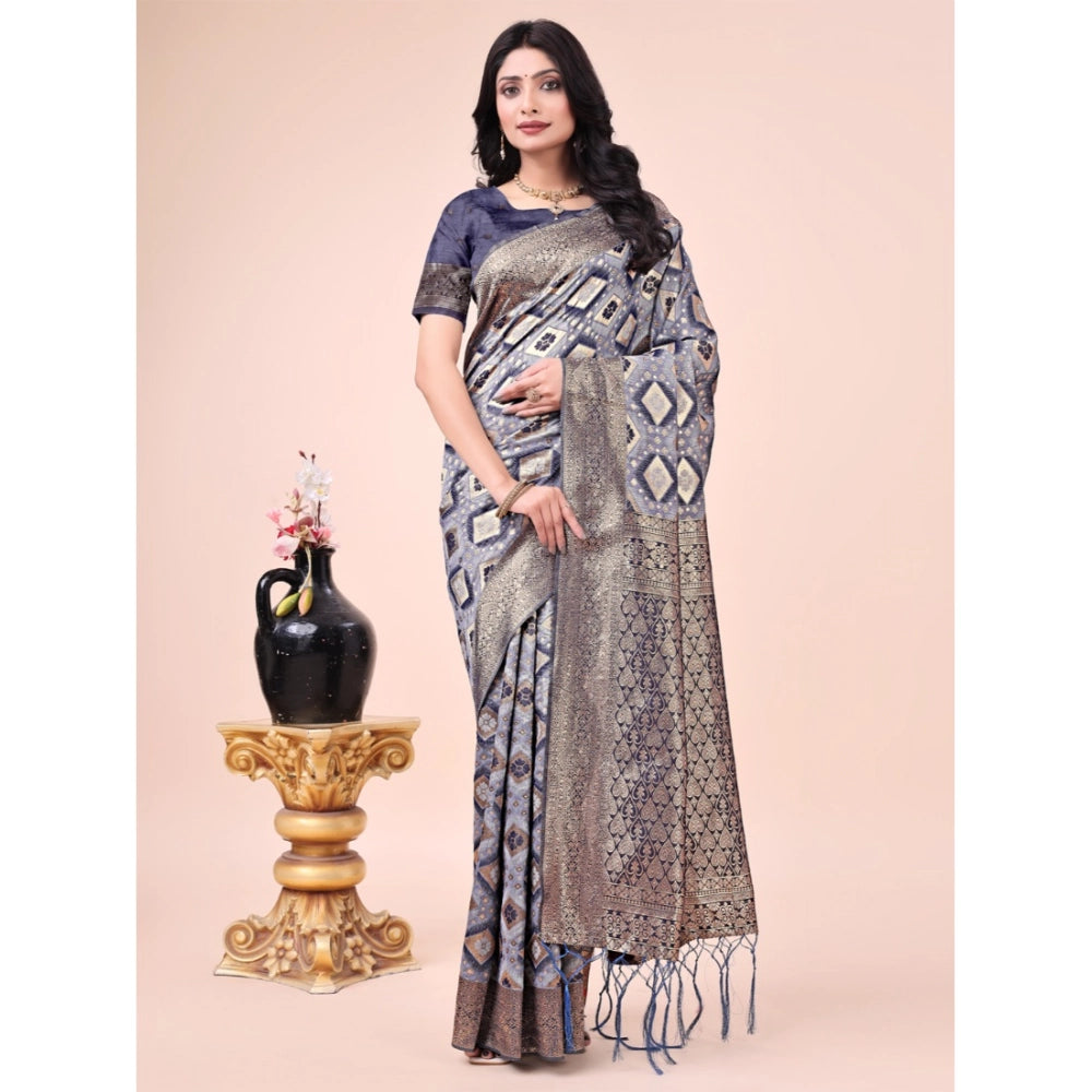 Generic Women's Cotton Printed Saree With Unstitched Blouse 5.5Mtr (Navy Blue) Main image