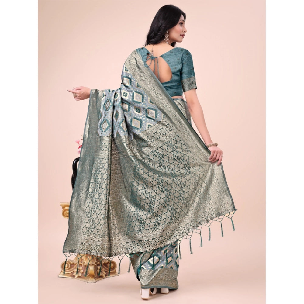 Generic Women's Cotton Printed Saree With Unstitched Blouse 5.5Mtr (Green) Secondary image